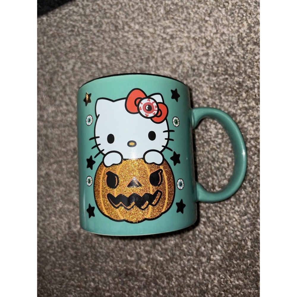 Hello Kitty Halloween Glitter Pumpkin Jack O Lantern Ceramic Teal Mug 20 Oz Eye - Picture 7 of 7